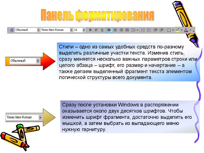 Панель форматирования Стили – одно из самых удобных средств по-разному выделить различные участки текста.